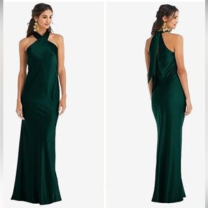 Dessy Lovely Draped Twist Halter Tie Back Trumpet Evergreen Maxi Dress NWT XL